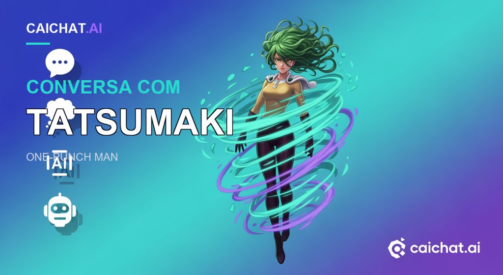 Faixa com gradiente azul-turquesa e uma personagem de anime de cabelo verde encaracolado, vestido amarelo e collants pretos, rodeada por espirais psíquicas. À esquerda, ícones de conversa e IA; no canto inferior direito, o logótipo caichat.ai.