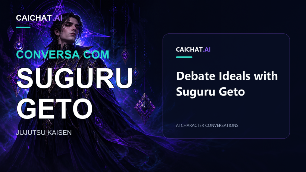 Cena escura com sigilos mágicos roxos e cristais atrás de um homem de anime a cores, de cabelo escuro comprido atado, brinco dourado e vestes escuras ornamentadas; à direita, um painel escuro anuncia CAICHAT.AI e conversas de personagens com Suguru Geto sobre ideais de debate.