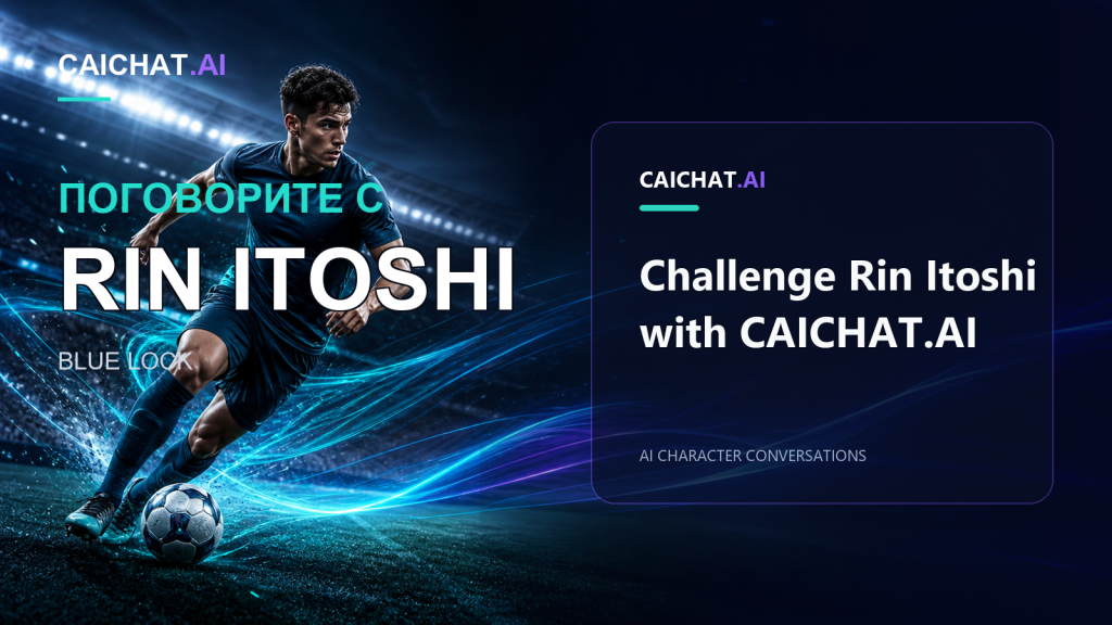Тёмный стадион: фотореалистичный футболист в тёмной форме ведёт мяч, за ним тянутся бирюзовые энергетические шлейфы; справа тёмная панель с надписью CAICHAT.AI и призывом бросить вызов Рину Итоси.
