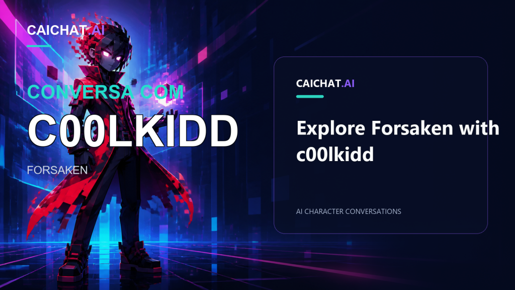 Cena digital azul-escura com uma figura de blocos, cabelo vermelho e longo casaco vermelho a segurar um cubo brilhante, rodeada por efeitos de glitch. À direita, um painel escuro mostra CAICHAT.AI, Explore Forsaken with c00lkidd e AI CHARACTER CONVERSATIONS.