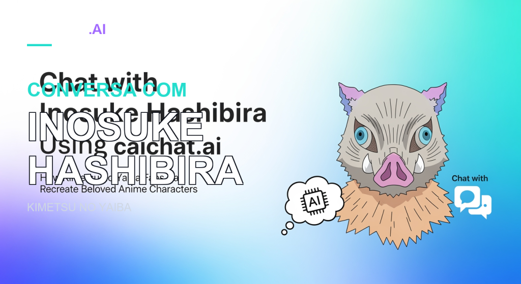 Faixa com gradiente de branco a azul, texto preto a convidar para conversar com Inosuke Hashibira no caichat.ai e subtítulo para fãs de Kimetsu no Yaiba; à direita, máscara de javali em cores vivas, com olhos azuis, presas e manto de pelo, e ícones de IA e balões de conversa.