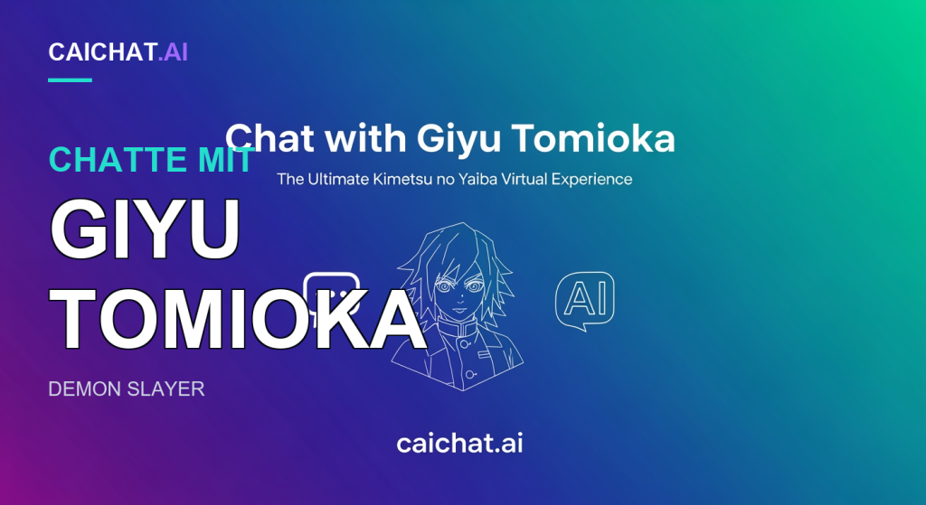 Banner in Violett-, Blau- und Türkisverlauf mit weißer Anime-Linienzeichnung von Giyu Tomioka in hohem Kragen; Text Chat with Giyu Tomioka und The Ultimate Kimetsu no Yaiba Virtual Experience, caichat.ai.