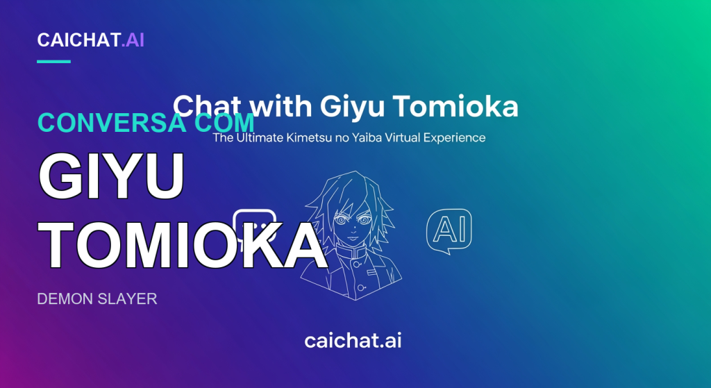 Faixa com gradiente de roxo para azul e turquesa e uma figura anime branca em traço no centro: cabelo comprido despenteado, olhos cansados e uniforme de gola alta; no topo, texto sobre conversar com Giyu Tomioka e uma experiência virtual de Kimetsu no Yaiba, com ícones de chat e IA.