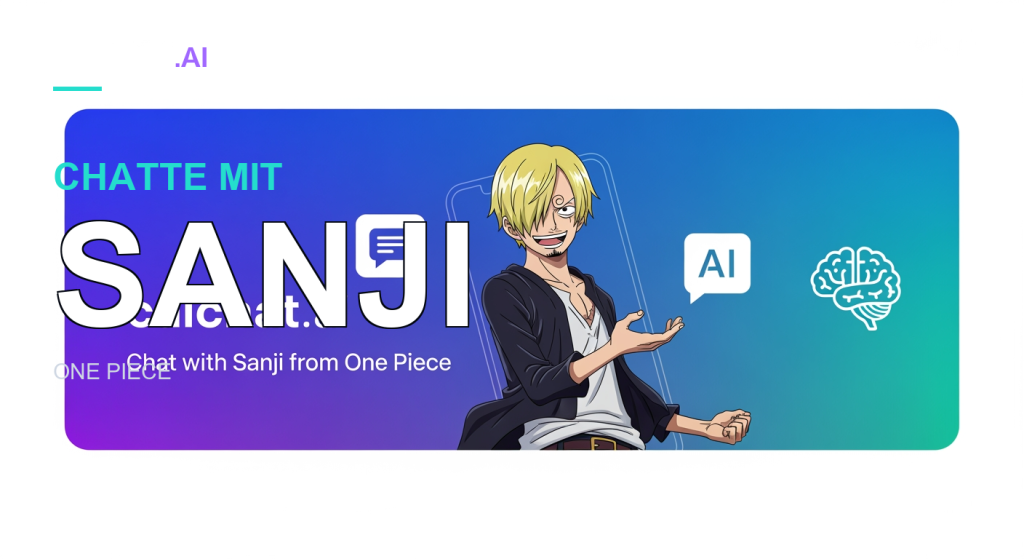Abgerundetes Banner in Lila, Blau und Türkis mit einem farbigen Anime-Mann in der Mitte: blondes Haar über einem Auge, gewirbelte Braue, kleiner Ziegenbart, schwarze Jacke über weißem Hemd und eine einladend erhobene Hand; links der Text caichat.ai und Symbole für Chat, KI und Gehirn.