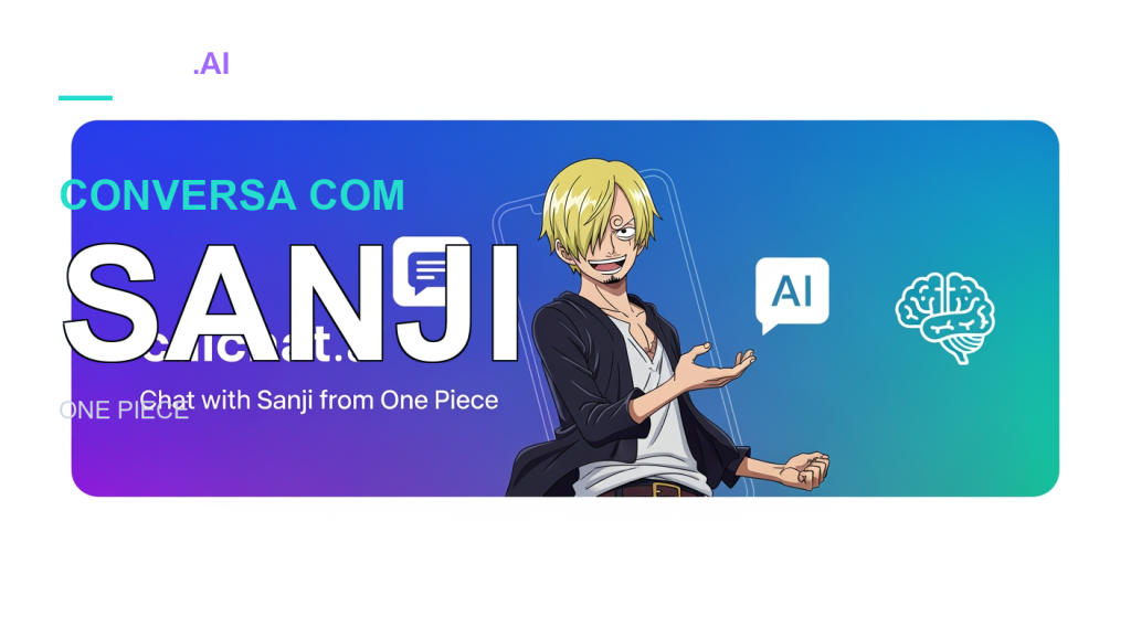 Banner em tons de roxo, azul e verde-azulado com um homem de anime ao centro: cabelo loiro, sobrancelha enrolada, cavanhaque, casaco preto sobre camisa branca e mão levantada em gesto de boas-vindas; à esquerda, o texto caichat.ai Chat with Sanji from One Piece e ícones de chat, IA e cérebro.