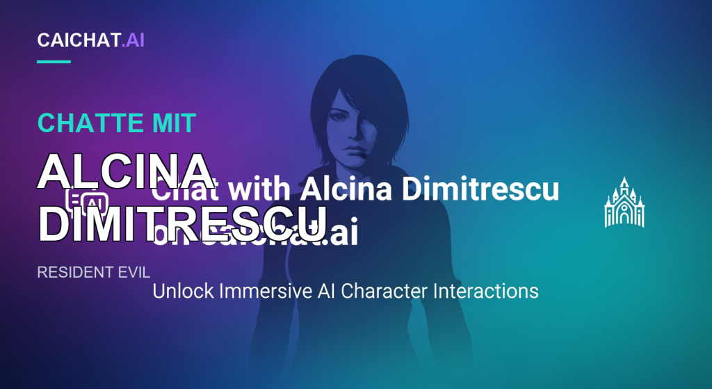 Farbverlauf von Lila über Blau zu Türkis, in der Mitte die dunkle Silhouette einer Frau mit kurzem dunklem Bob und blassen Augen; weißer Schriftzug „Chat with Alcina Dimitrescu on caichat.ai“, Untertitel „Unlock Immersive AI Character Interactions“ und seitliche Symbole.