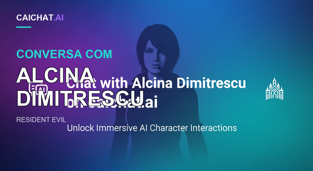 Faixa em gradiente de roxo para azul e verde-azulado, com a silhueta escura de uma mulher de cabelo curto e olhos claros ao centro, texto branco a convidar para conversar com Alcina Dimitrescu no caichat.ai e um subtítulo sobre interações imersivas com personagens de IA.