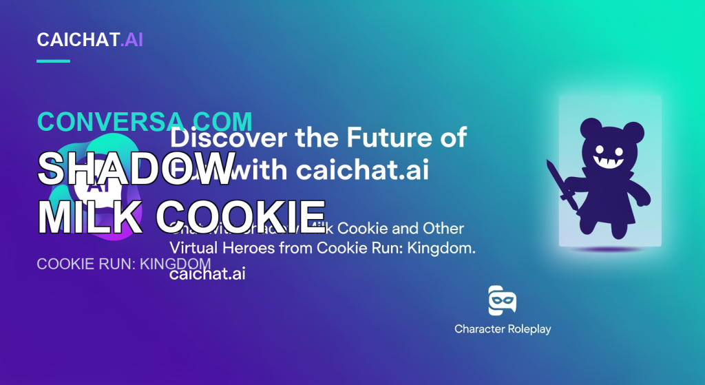 Faixa em gradiente de roxo para azul-petróleo com texto branco a apresentar o caichat.ai e a conversa com o Shadow Milk Cookie e outros heróis virtuais de Cookie Run: Kingdom; à direita, um cartão brilhante com a silhueta escura de um cookie semelhante a um bobo da corte a segurar uma espada.