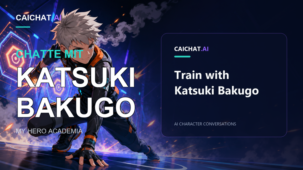 Dunkelblaue Sci-Fi-Szene: links hockt ein junger Anime-Mann mit stacheligem aschblondem Haar und schwarzem Taktikanzug mit orangefarbenen Akzenten; Funken an der Faust, leuchtende Sechsecke dahinter, rechts ein dunkles Panel mit CAICHAT.AI und dem Hinweis, mit Katsuki Bakugo zu trainieren.