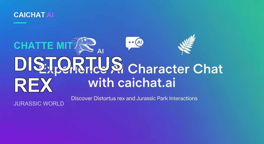 Banner mit Blau-zu-Lila-zu-Grün-Verlauf und weißen Symbolen: ein partikelartiger Dinosaurierkopf, eine Chatblase mit KI-Abzeichen und ein Farnblatt; mittig weißer Text zu KI-Charakter-Chats mit caichat.ai und Distortus rex.