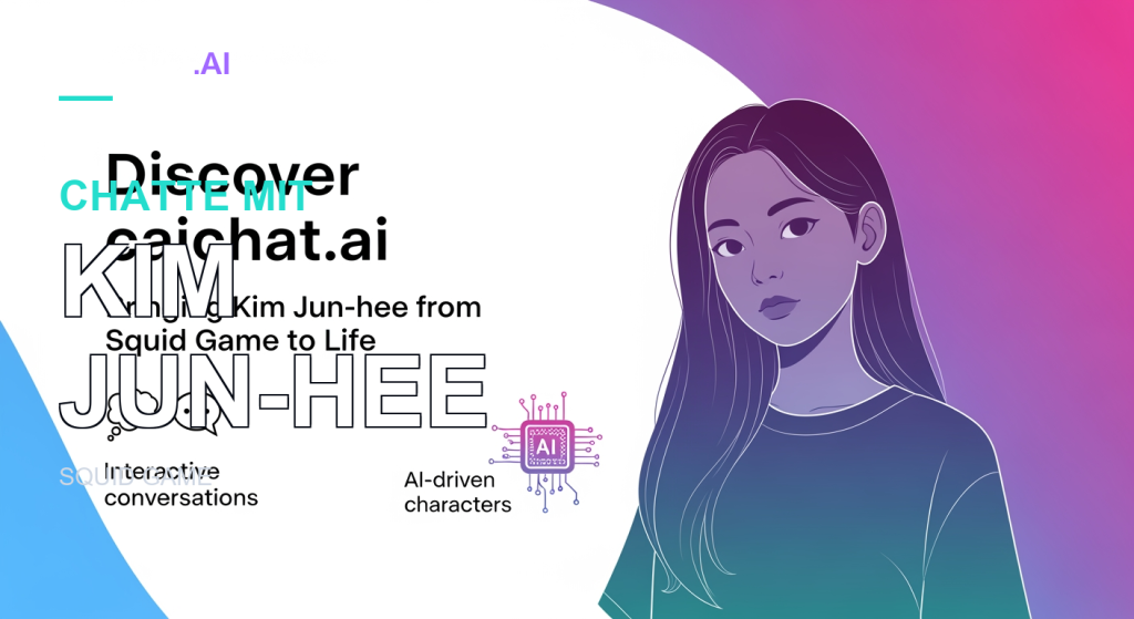 Illustration einer jungen Frau mit langen dunklen Haaren und T-Shirt auf weißem Grund mit blau-violett-pinken Formen; Text Discover caichat.ai, Bringing Kim Jun-hee from Squid Game to Life, Chat- und KI-Symbole.