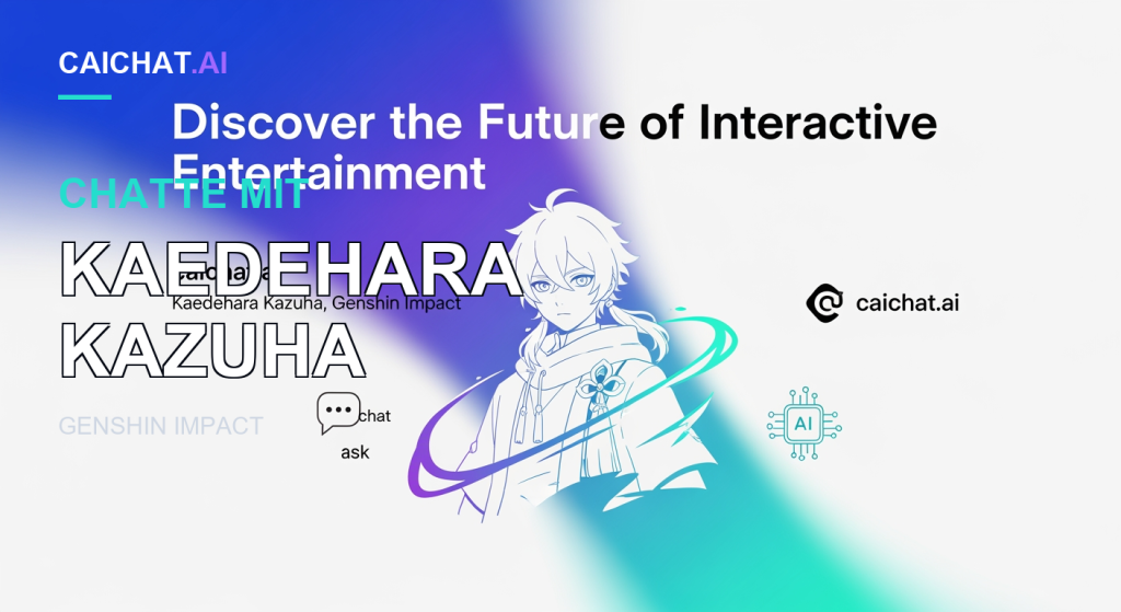 Weißer Hintergrund mit diagonalem Violett-Türkis-Strahl; weiße Line-Art eines Anime-Jünglings mit Zopf und Schal; Text Discover the Future of Interactive Entertainment, Kaedehara Kazuha, Genshin Impact.