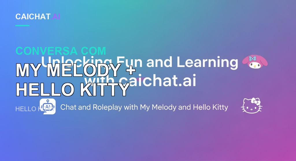 Faixa com gradiente de azul para azul-turquesa e roxo, com o texto branco centrado Unlocking Fun and Learning with caichat.ai, uma pequena cabeça de coelha de capuz rosa no canto superior direito, uma cara de gato branca em traço com um laço no canto inferior direito e um ícone de robô de chat ao lado da linha Chat and Roleplay with My Melody and Hello Kitty.