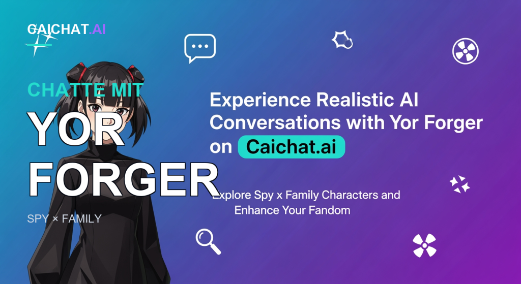 Diagonaler Banner mit Farbverlauf von Türkis über Blau zu Violett; links eine vollfarbige Anime-Frau mit schwarzer, rot akzentuierter Hochsteckfrisur und dunklem Rollkragenkleid; rechts weiße Schrift „Experience Realistic AI Conversations with Yor Forger on Caichat.ai“ über einer türkisen Pill, dazu Untertitel und Linien-Symbole für Funkeln, Sprechblase, Lupe und Stern.