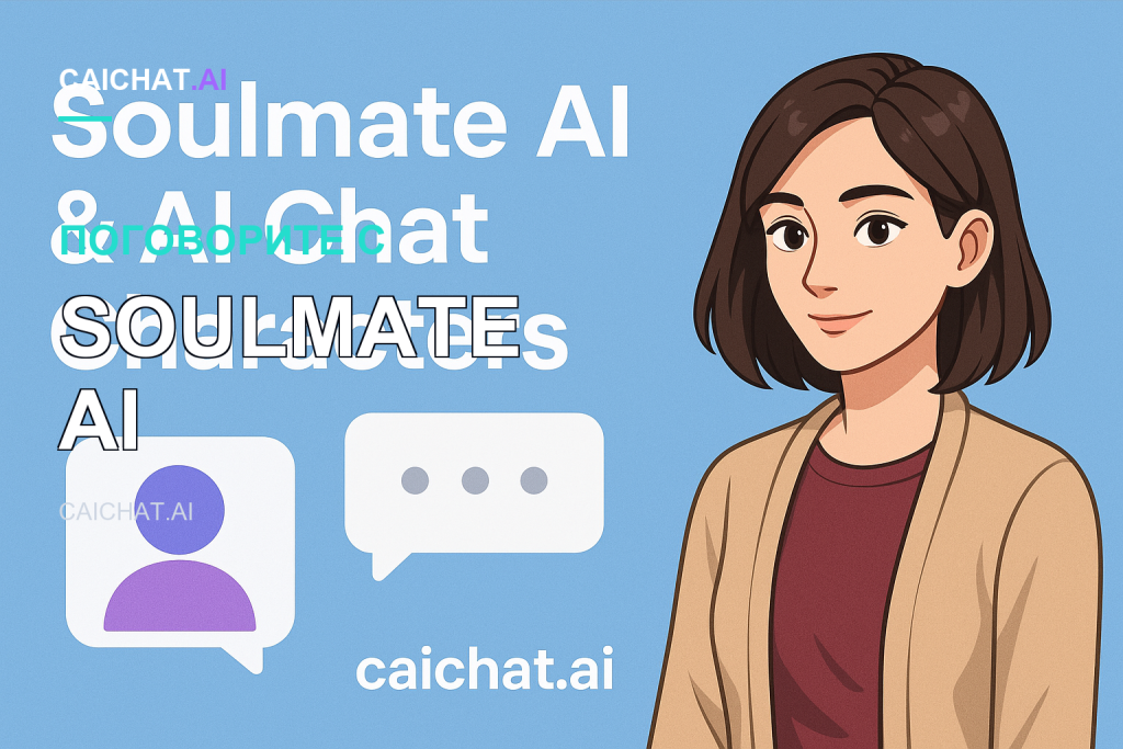 Светло-голубой баннер с белым текстом о Soulmate AI и ИИ-персонажах, фиолетовыми значками профиля и диалога, логотипом caichat.ai и аниме-девушкой с каштановым бобом в бежевом кардигане, которая мягко улыбается справа.