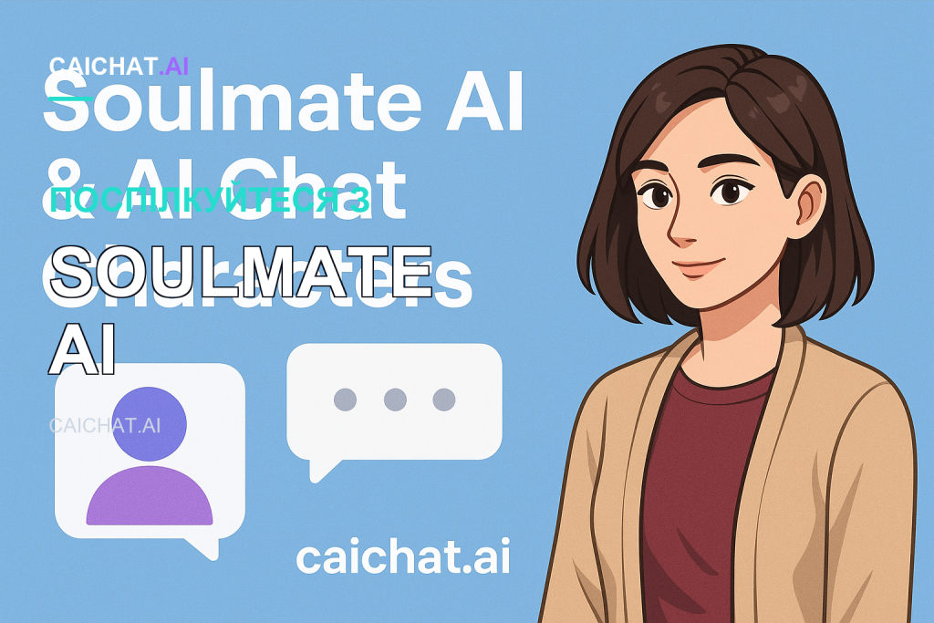 Світло-блакитний банер із білим написом про Soulmate AI та чат-персонажів, фіолетовими іконками діалогів, логотипом caichat.ai і кольоровою аніме-дівчиною з каре та кардиганом, що лагідно усміхається праворуч.