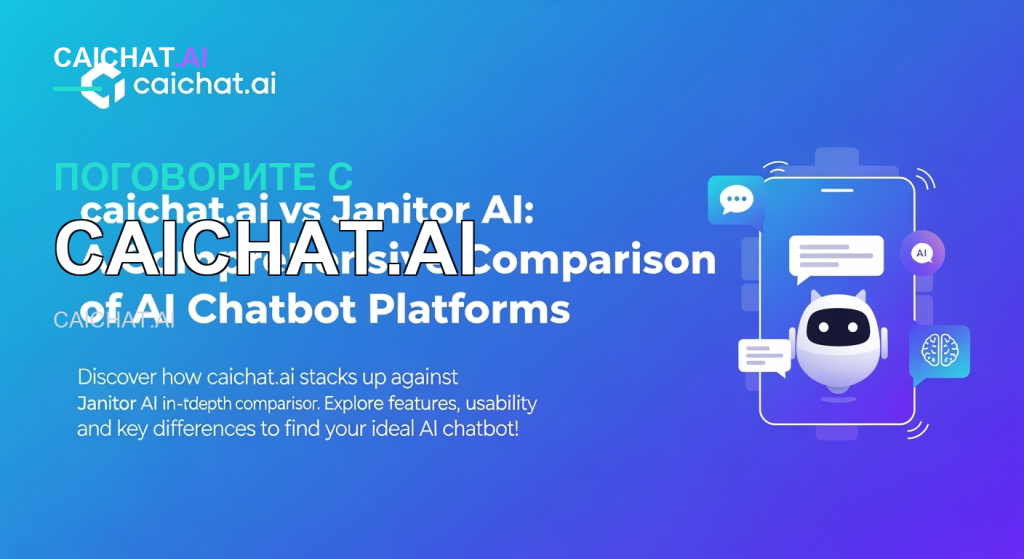 Баннер с градиентом от бирюзового к синему, логотип caichat.ai в виде шестиугольника и белый текст о сравнении caichat.ai и Janitor AI: функции, удобство и ключевые отличия. Рядом контур смартфона с дружелюбным роботом-чатботом, речевые пузыри, значок AI-чипа и иконка мозга.