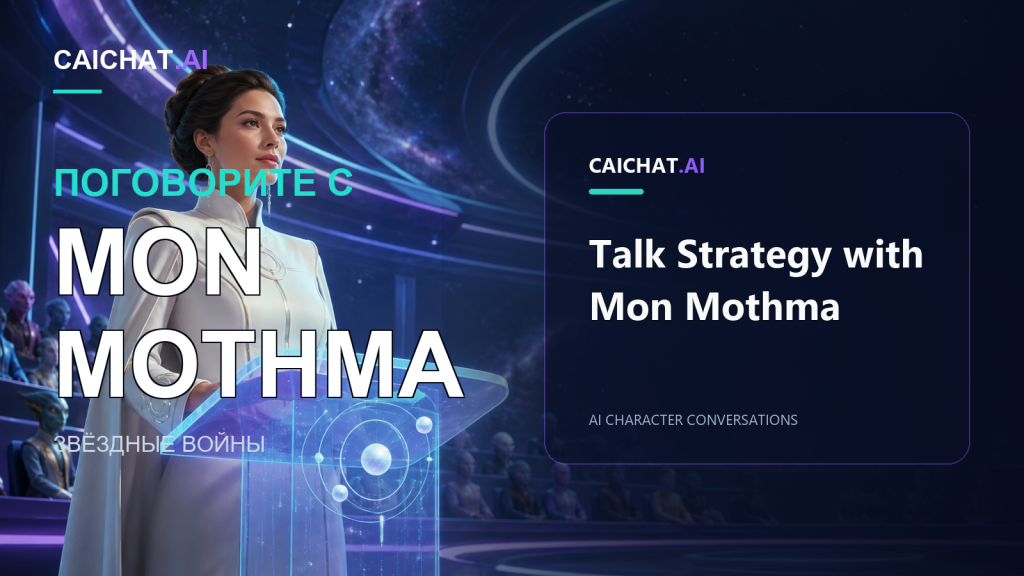 Иллюстрация: женщина с тёмными волосами, уложенными в элегантную причёску, в профиль, в белом платье с высоким воротником и золотыми акцентами и накидкой, руки на светящейся синей голографической трибуне в футуристическом зале собраний с фиолетово-синим освещением.